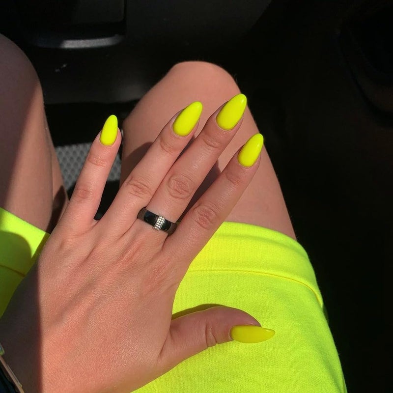 KQueenest Neon Yellow Press on Nails Short Oval,Pure Color Round Vibrant Acrylic Nails,Short Almond Fake Nails Press ons for Women,Natural Glue Nails Manicure in 24 PCS - Image 1